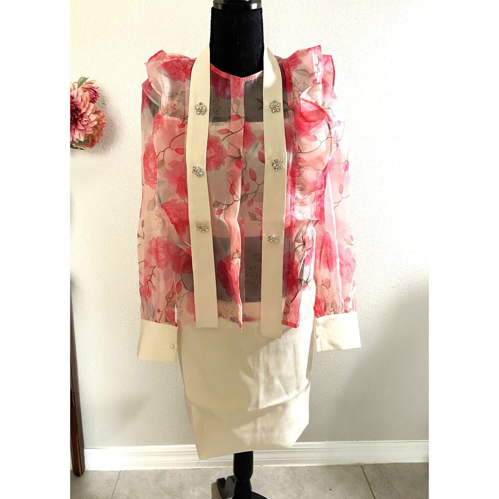 Viral Sheer Floral Bow Top & Skirt Set Medium Organza Pearl Cuffs NWT